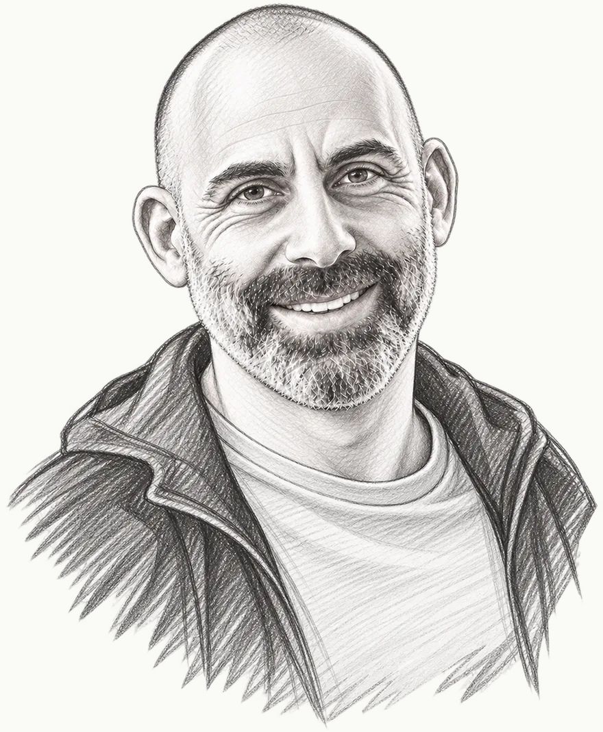 Pencil portrait of Arik Diament, smiling